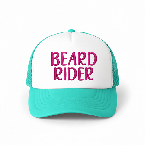 Dirty Merch Apparel Beard Rider foam trucker hat with white front, teal mesh back, and pink embroidered text.
