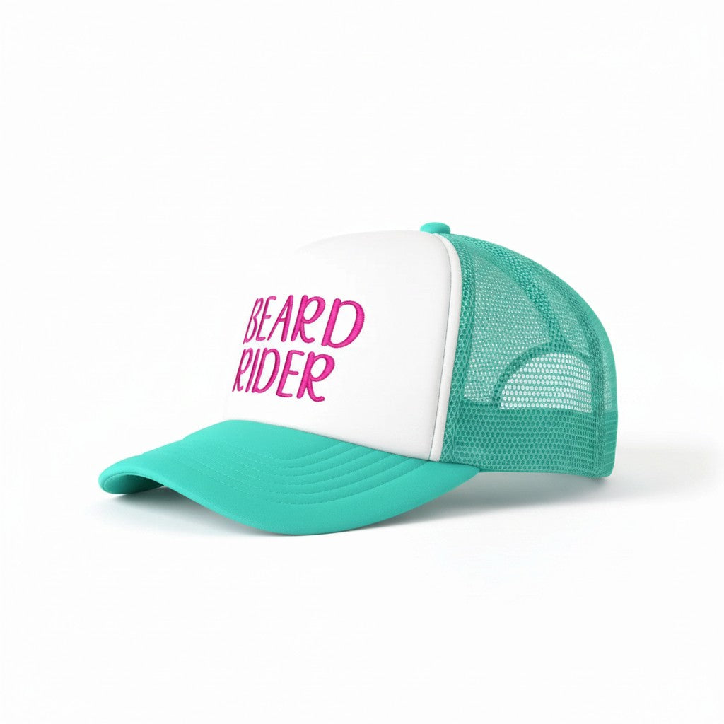 Dirty Merch Apparel Beard Rider embroidered foam trucker hat with white front panel and teal mesh back