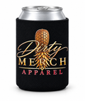 Dirty Merch Apparel black can cooler with a gold pineapple logo and pink text accents on a white background