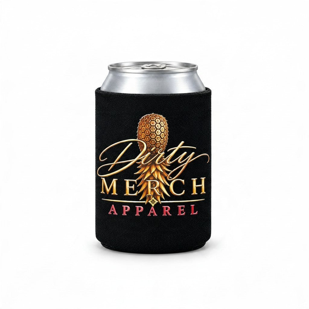 Dirty Merch Apparel black can cooler with a gold pineapple logo and pink accents on a chilled beverage can