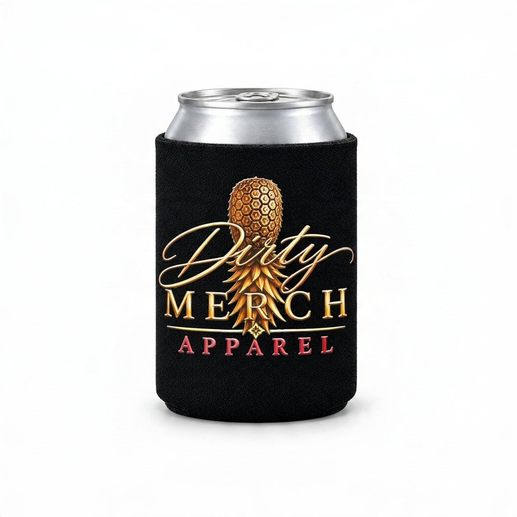 Dirty Merch Apparel black can cooler with a gold pineapple logo and pink accents on a chilled beverage can