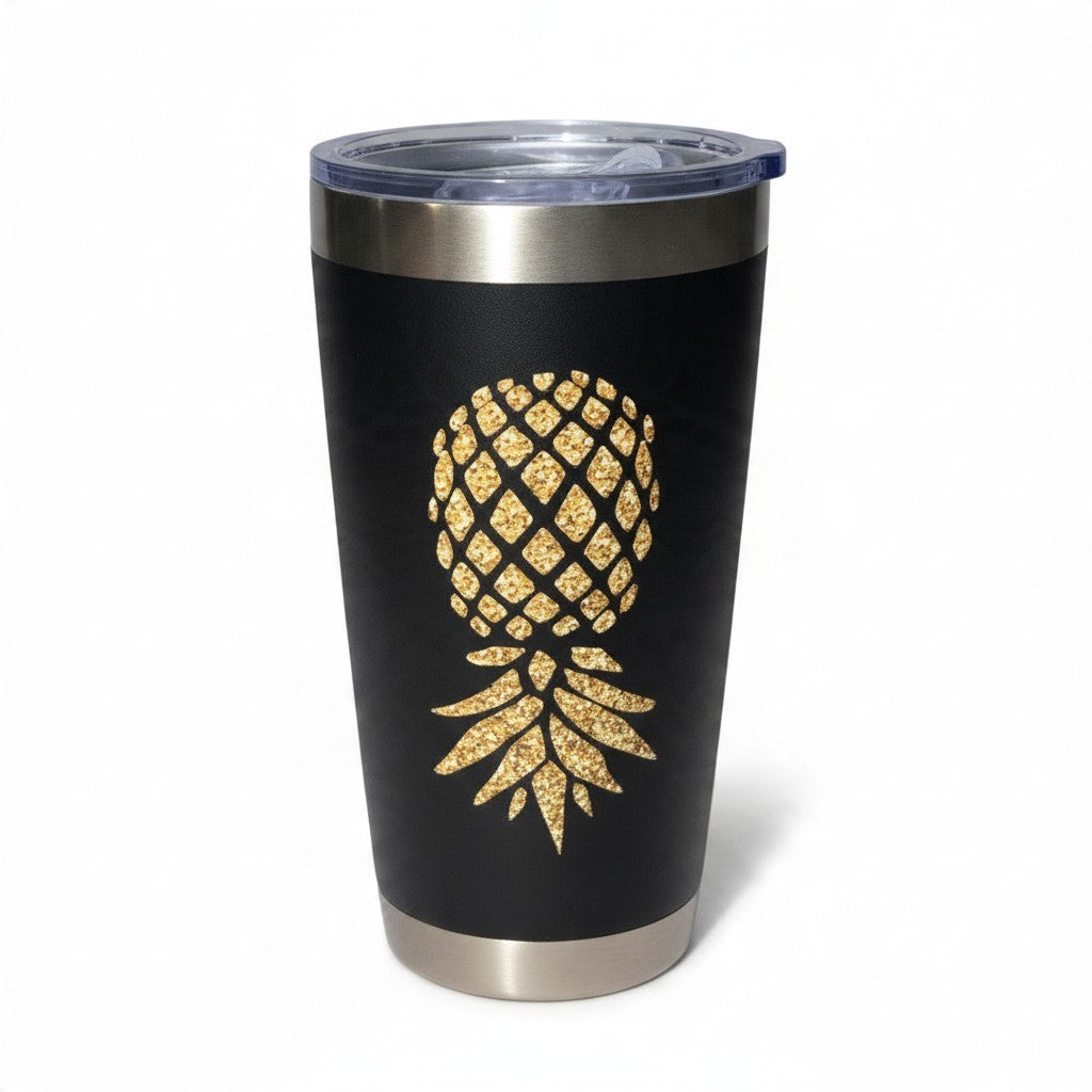 Dirty Merch Apparel black tumbler featuring a gold glitter upside-down pineapple design and a clear lid.