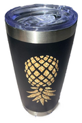 Dirty Merch Apparel black tumbler featuring a gold glitter upside-down pineapple design and a clear lid.