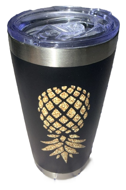 Dirty Merch Apparel black tumbler featuring a gold glitter upside-down pineapple design and a clear lid.