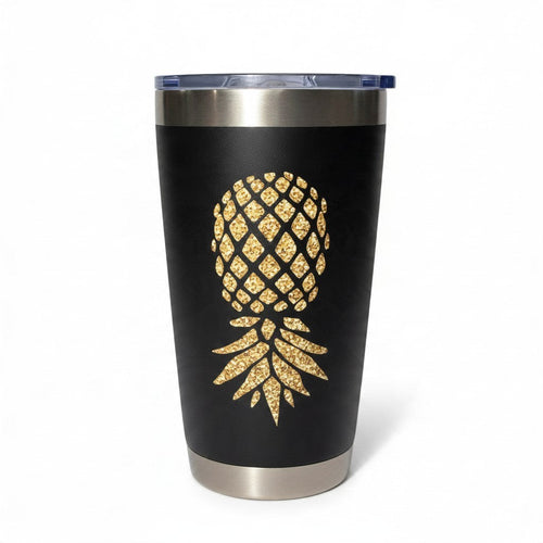 Dirty Merch Apparel black stainless steel tumbler featuring a gold glitter upside-down pineapple design and clear lid.