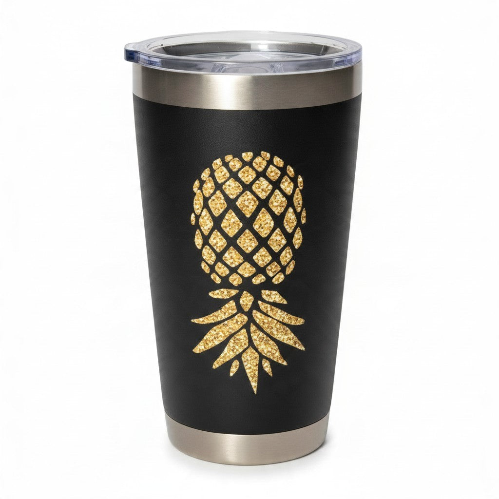 Dirty Merch Apparel black tumbler featuring a gold glitter upside-down pineapple design with a clear lid.