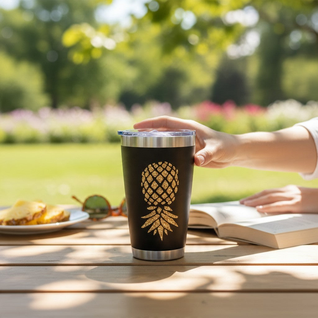 Dirty Merch Apparel black tumbler with a gold glitter upside-down pineapple design on a sunny outdoor table.