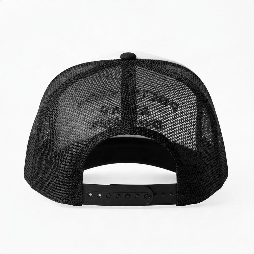 Dirty Merch Apparel foam trucker hat with black mesh back and adjustable snapback closure, rear view.
