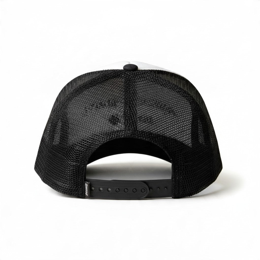 Dirty Merch Apparel trucker hat featuring a black mesh back and adjustable snapback closure, rear view.