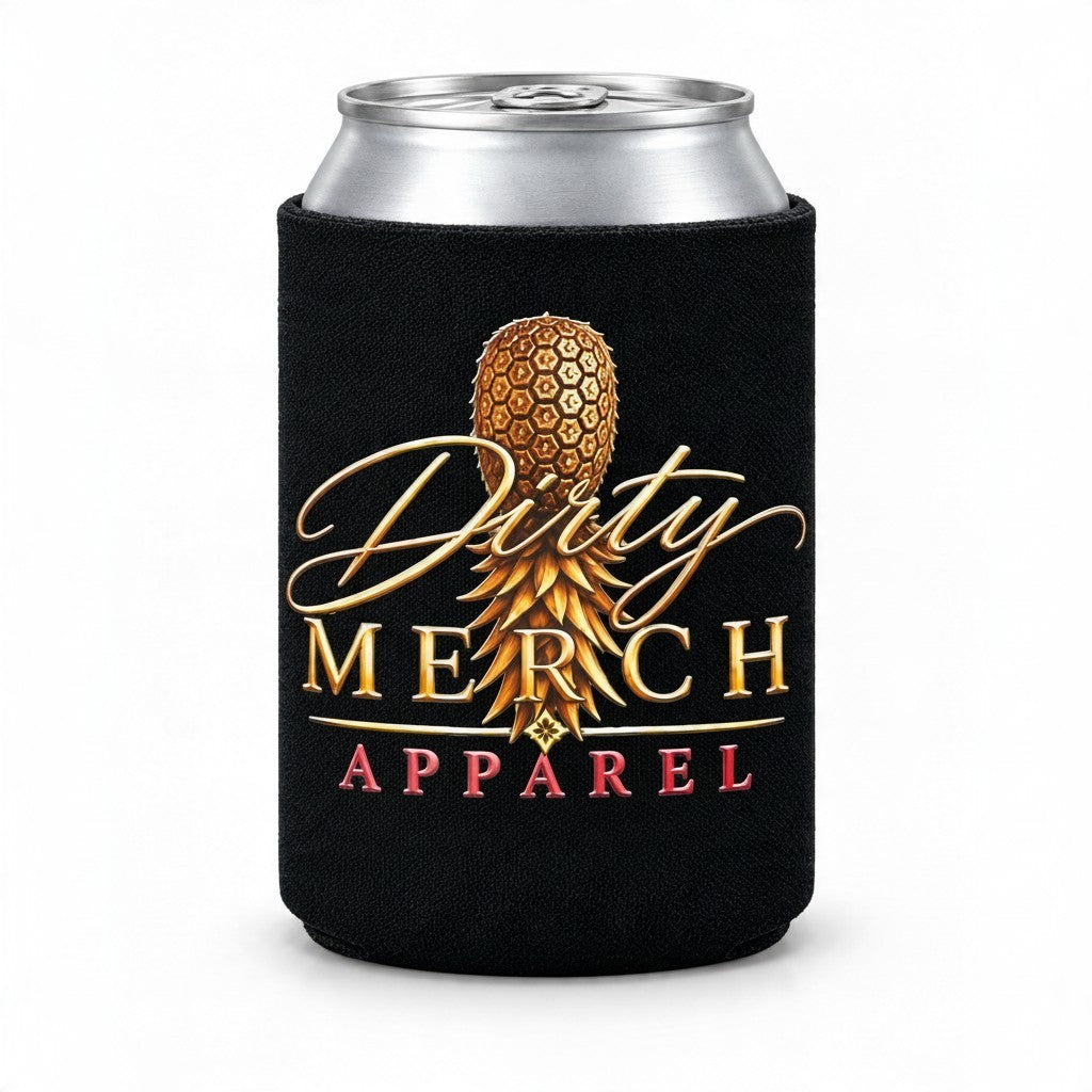 Dirty Merch Apparel black can cooler with a gold pineapple logo and pink accents on a white background.