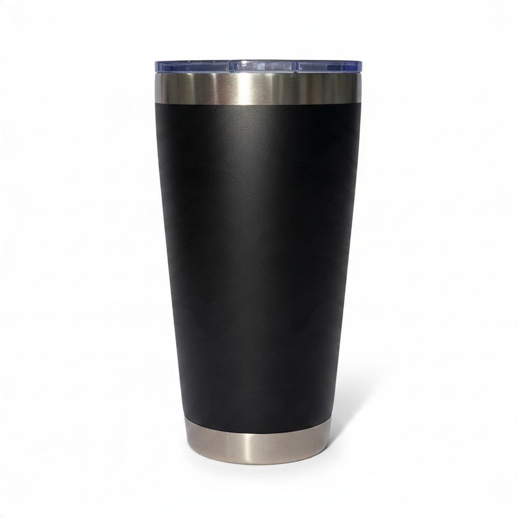 Dirty Merch Apparel black stainless steel tumbler with a clear lid, perfect for beach days and outdoor adventures.