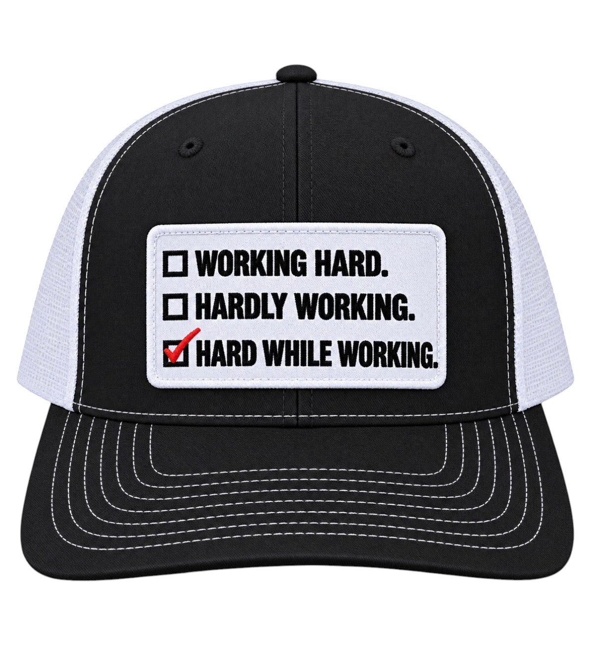Dirty Merch Apparel black and white trucker hat with embroidered Hard While Working checklist patch