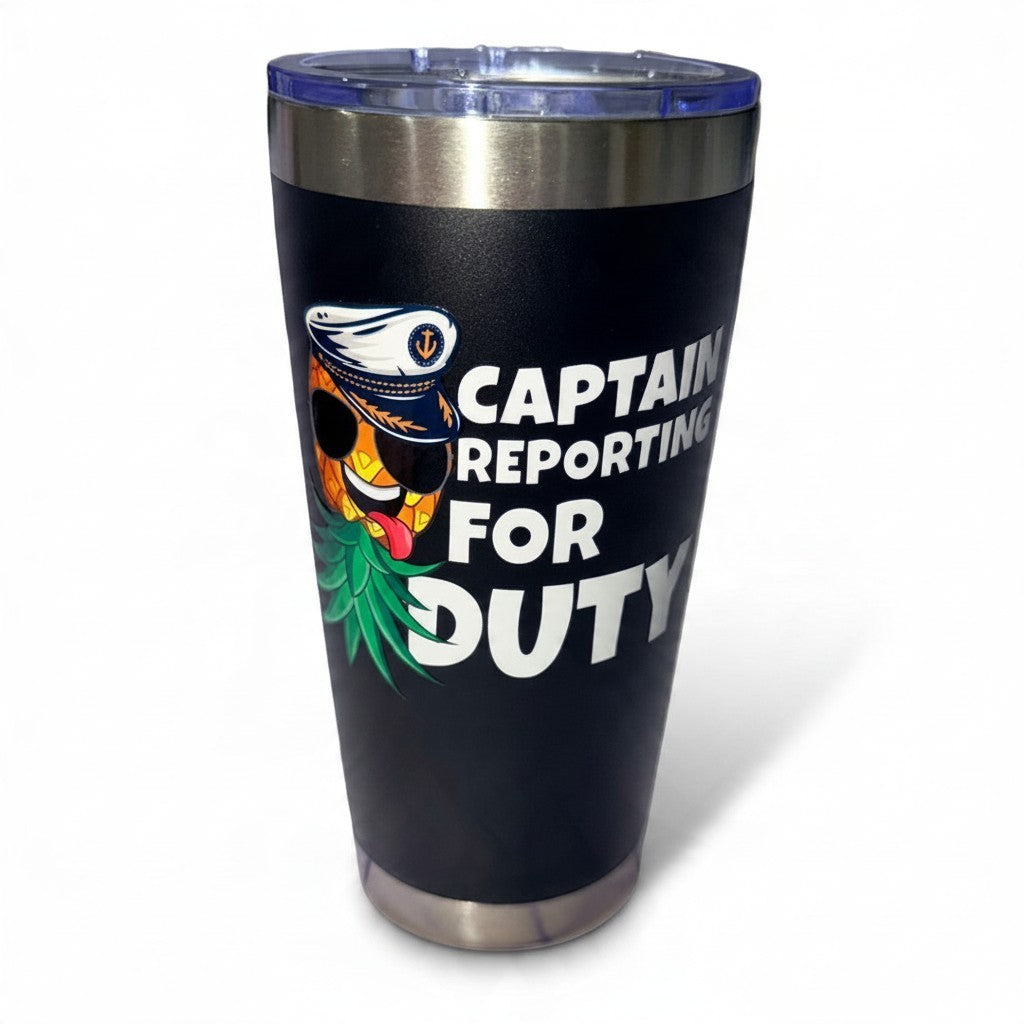 Dirty Merch Apparel black stainless steel tumbler with a pineapple wearing a captain hat and sunglasses graphic
