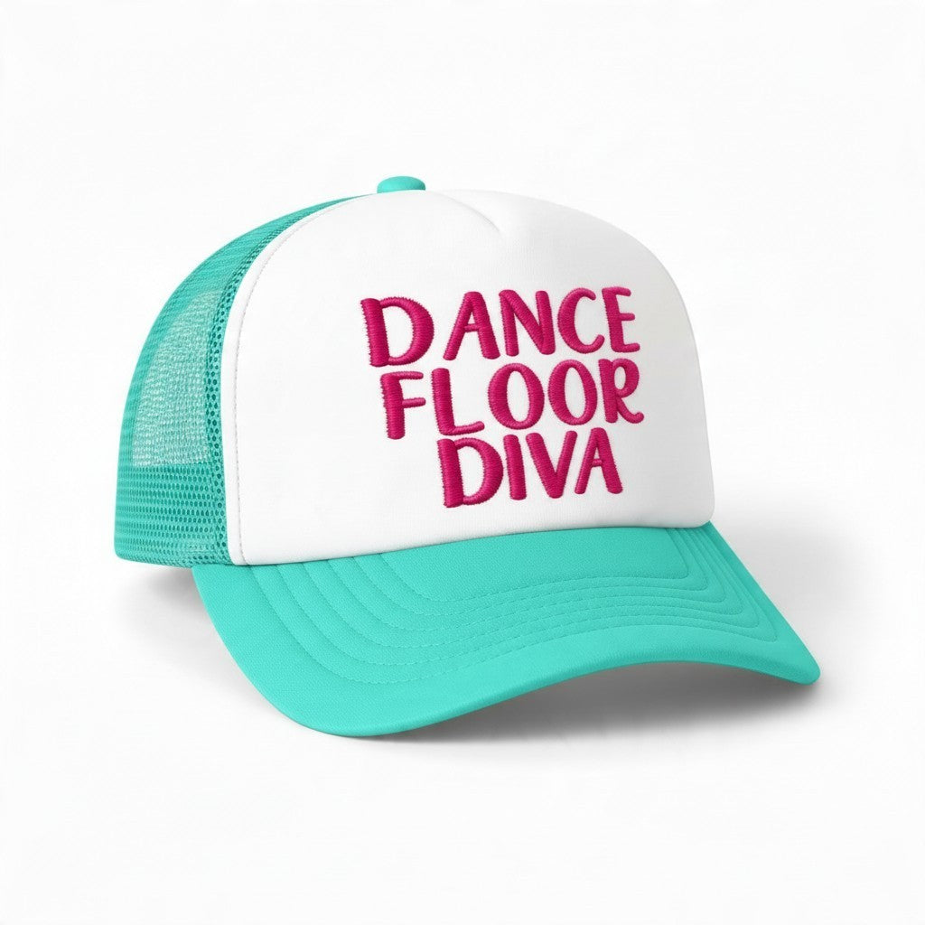 Dirty Merch Apparel white and teal foam trucker hat with embroidered Dance Floor Diva text in pink
