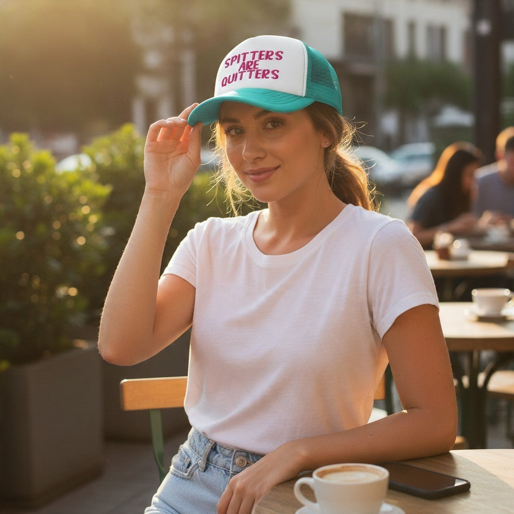 Woman wearing a Dirty Merch Apparel embroidered foam OTTO trucker hat with Spitters Are Quitters text in teal/white