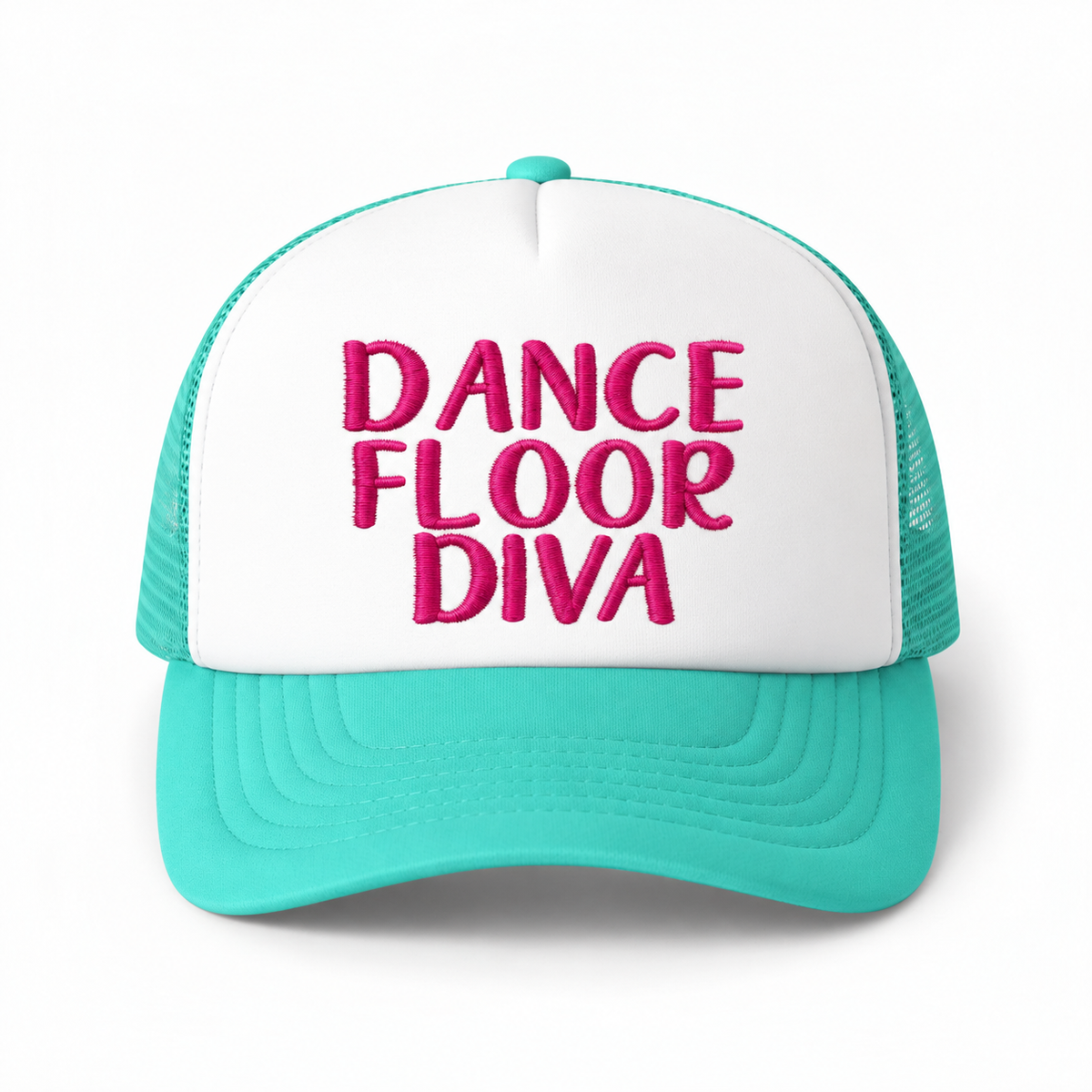 Dirty Merch Apparel DANCE FLOOR DIVA embroidered foam trucker hat with white front panel and teal mesh back