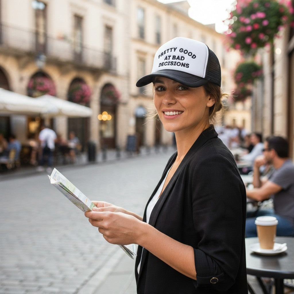 Dirty Merch Apparel trucker hat with Pretty Good at Bad Decisions embroidery worn by a woman on a city street.