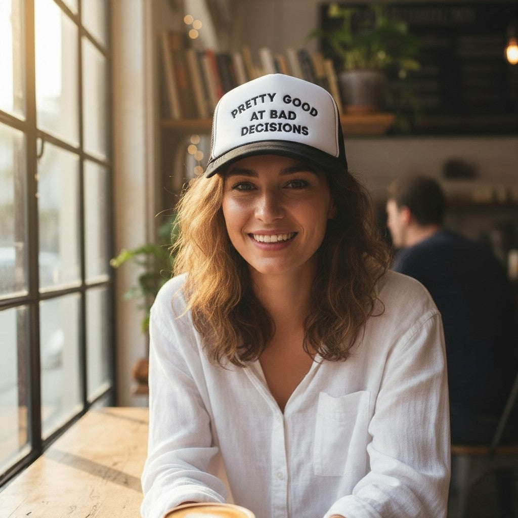 Woman wearing a Dirty Merch Apparel white and black foam trucker hat with Pretty Good at Bad Decisions embroidery