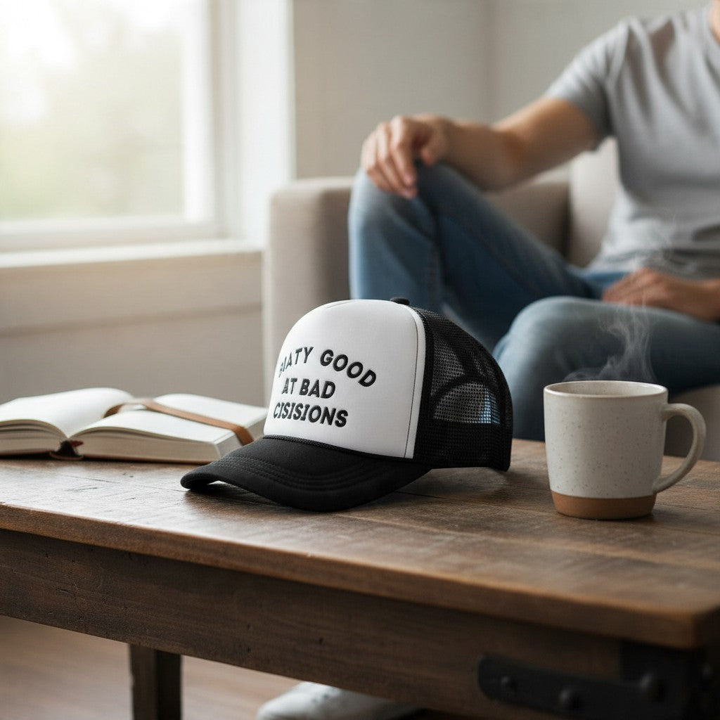 Dirty Merch Apparel foam trucker hat with white front, black brim, and embroidered Pretty Good at Bad Decisions text.