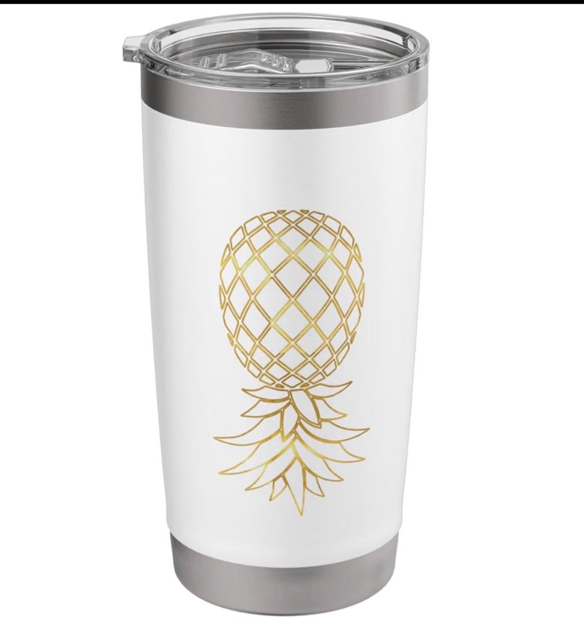 Dirty Merch Apparel 20oz white stainless steel tumbler with a gold upside-down pineapple design and clear lid