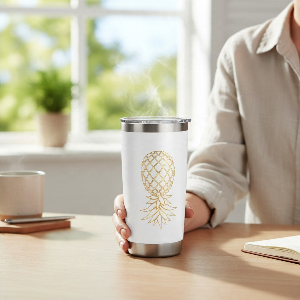 Dirty Merch Apparel 20oz white stainless steel tumbler with a gold upside-down pineapple outline held by a person.