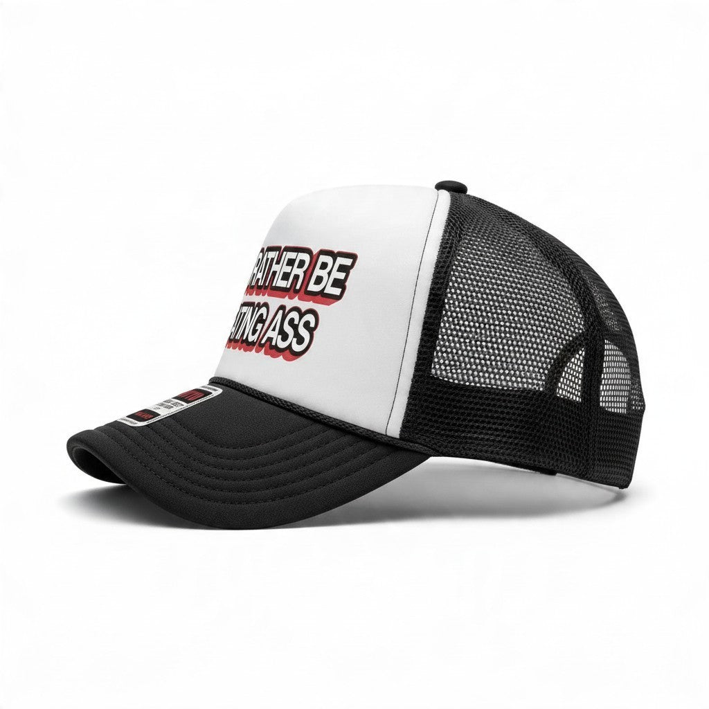 Dirty Merch Apparel black and white trucker hat with a bold graphic print on the structured front panel