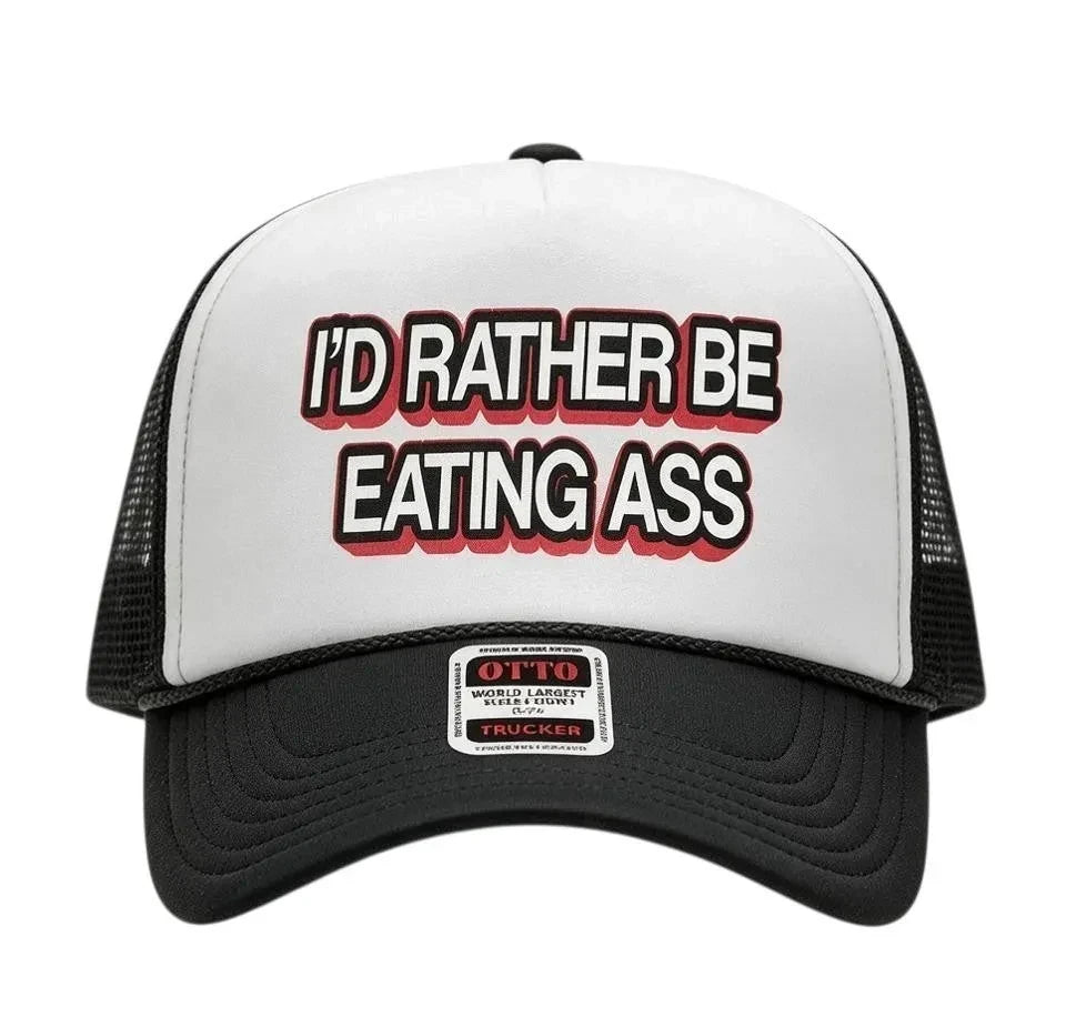 Dirty Merch Apparel black and white trucker hat with bold red and black text on the front structured panel.