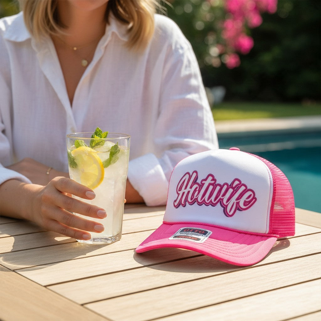 Dirty Merch Apparel HOTWIFE embroidered pink and white foam trucker hat sitting on a wooden table by a pool.