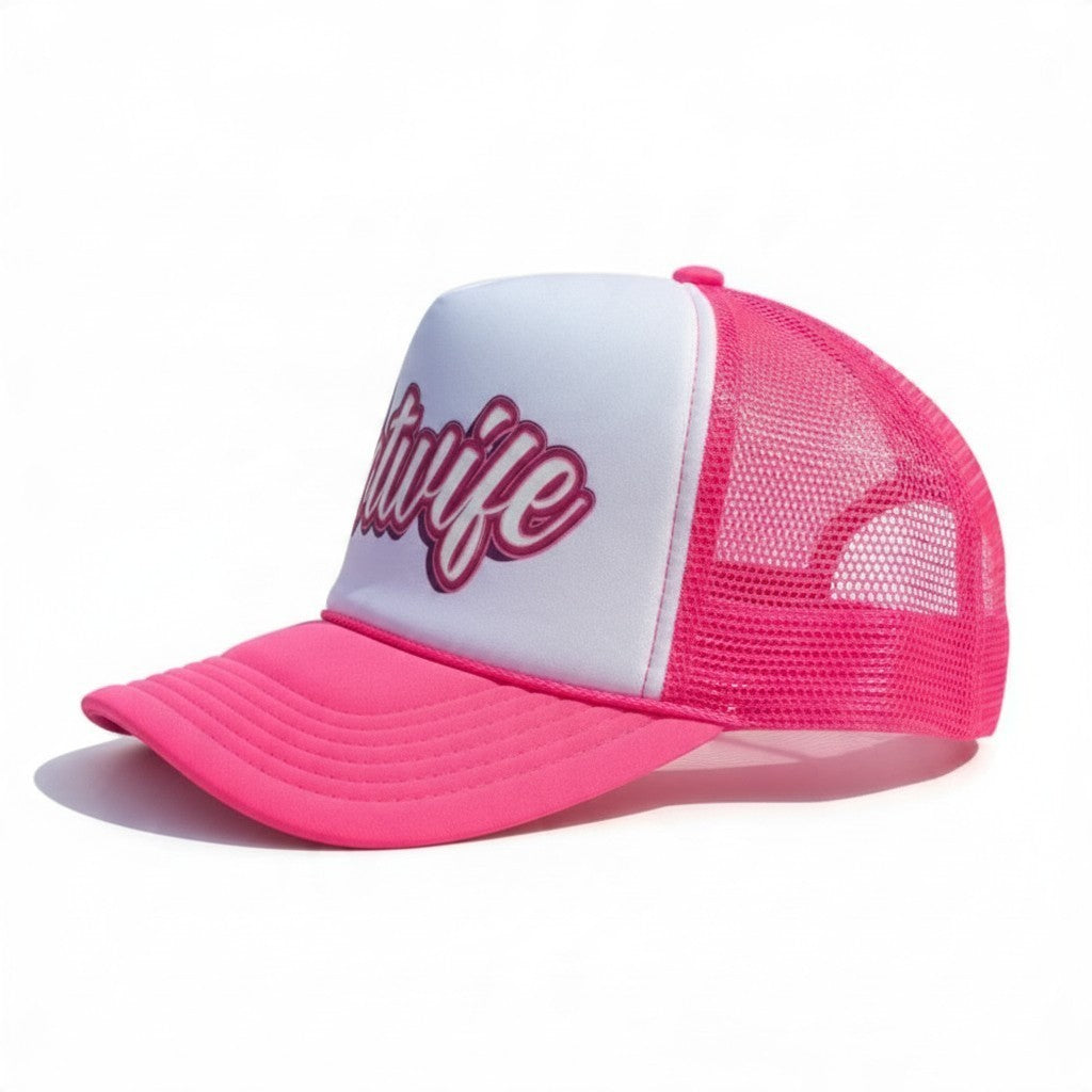 Dirty Merch Apparel hotwife embroidered foam trucker hat in white and hot pink with mesh back