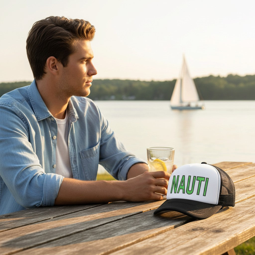 Dirty Merch Apparel NAUTI embroidered foam trucker hat with black mesh back and white front on a wooden table