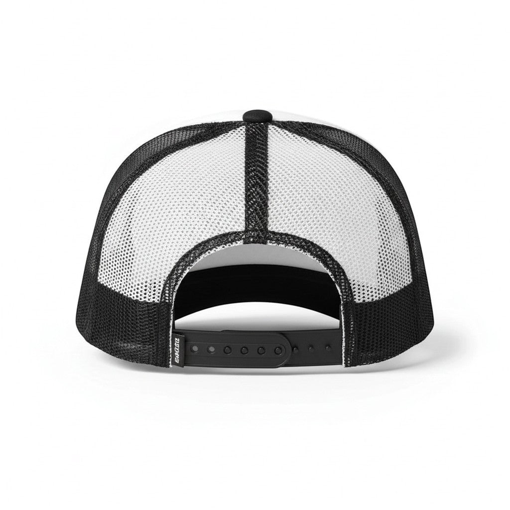 Dirty Merch Apparel NAUTI foam trucker hat with black mesh back and adjustable snapback closure, rear view.