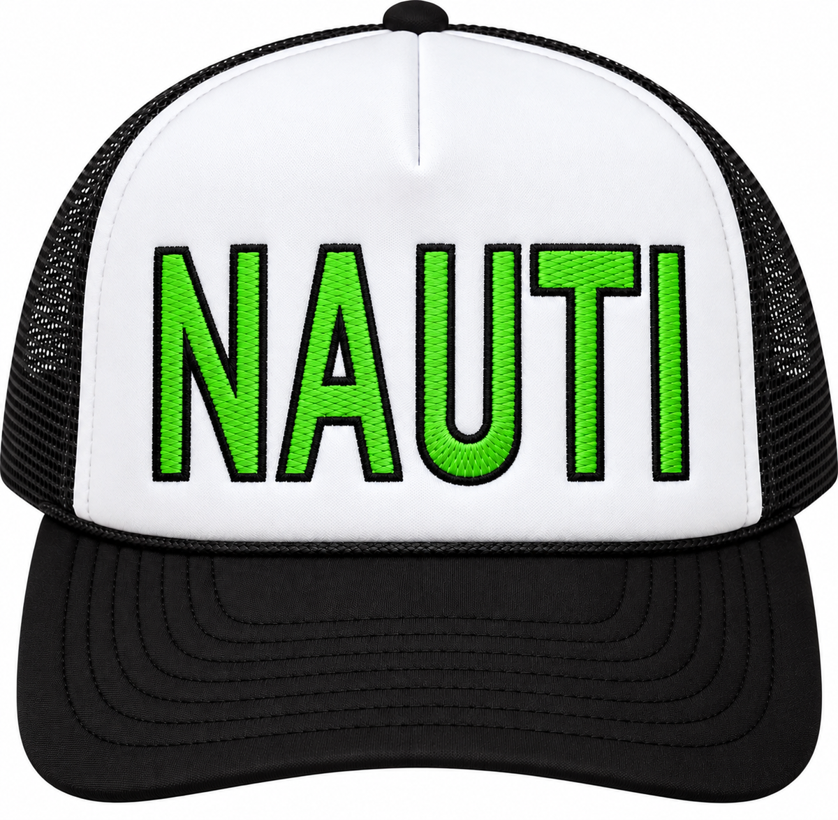 Dirty Merch Apparel NAUTI foam trucker hat with white front panel, black mesh back, and green embroidered lettering.