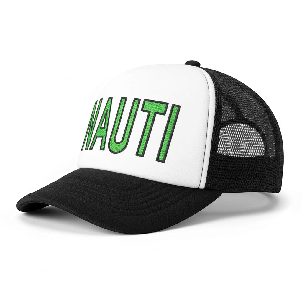 Dirty Merch Apparel NAUTI foam trucker hat with white front panel, black brim, mesh back, and green embroidery.