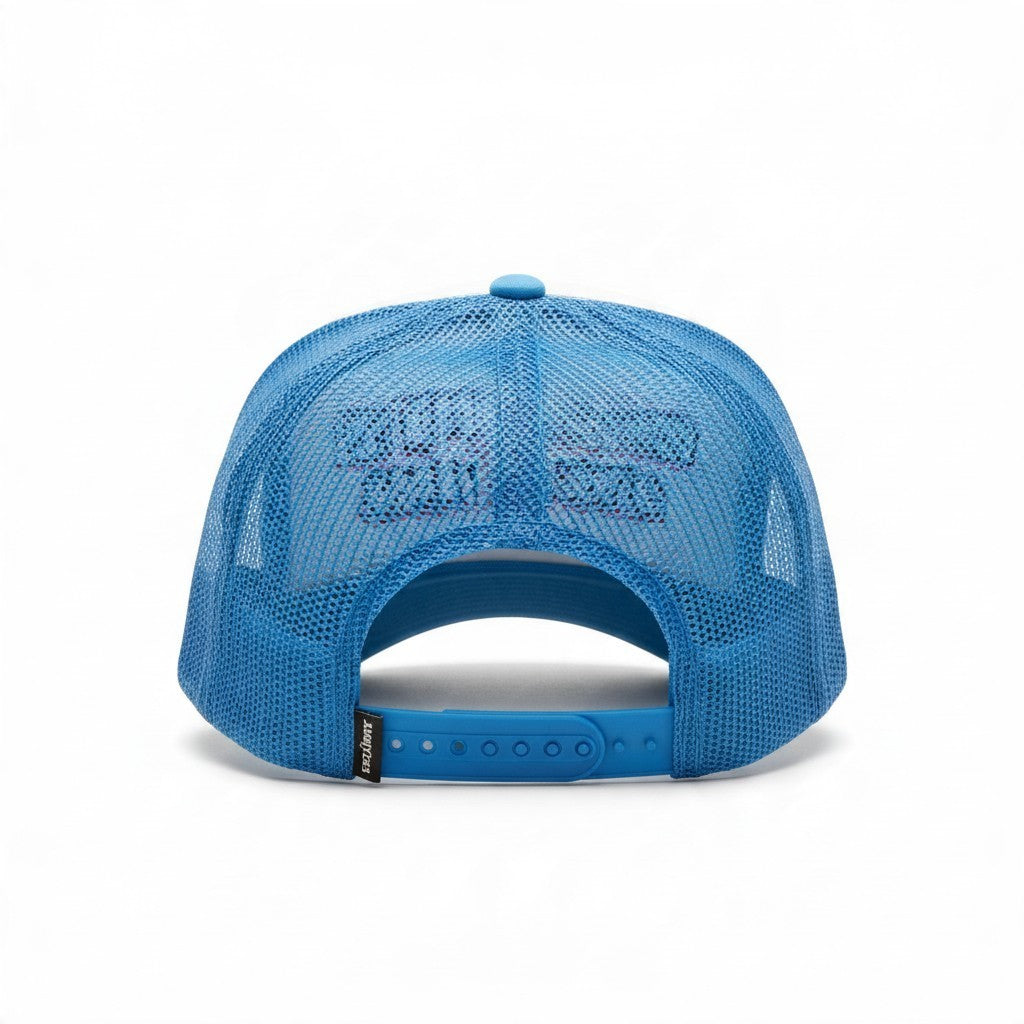 Dirty Merch Apparel neon blue trucker hat with breathable mesh back and adjustable snapback closure, rear view.