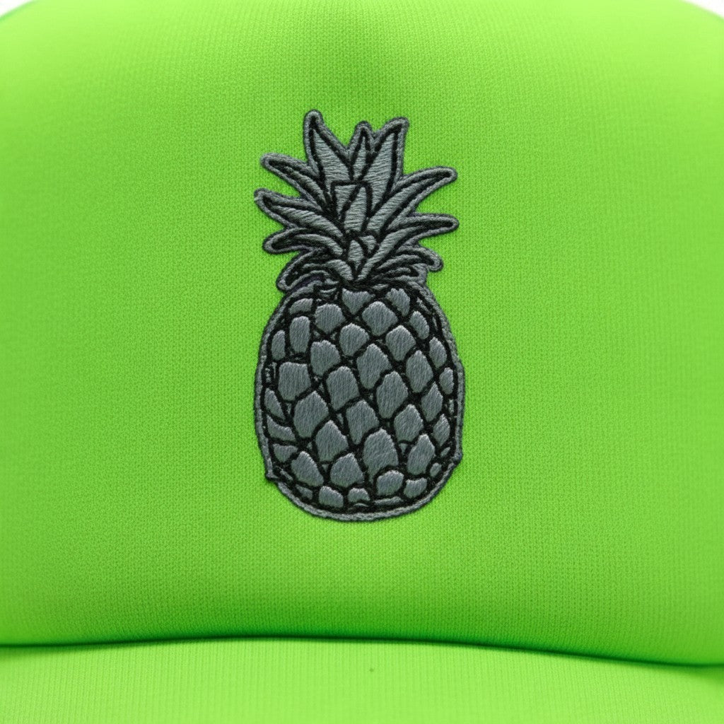 Dirty Merch Apparel neon green foam trucker hat featuring a detailed grey embroidered pineapple design