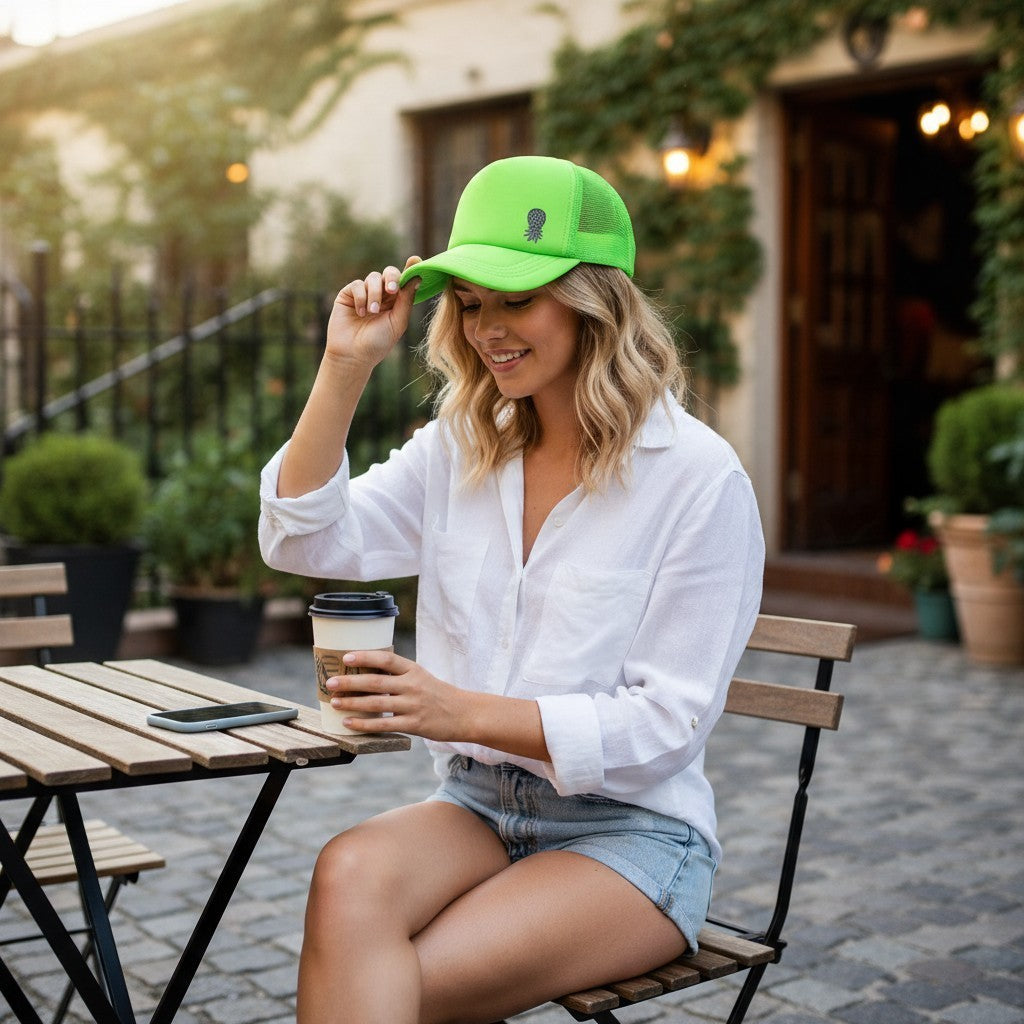 Dirty Merch Apparel neon green trucker hat with embroidered pineapple logo worn by a woman at an outdoor cafe