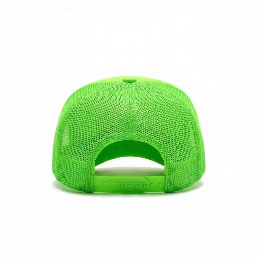 Dirty Merch Apparel neon green trucker hat with mesh back and adjustable snapback closure, rear view