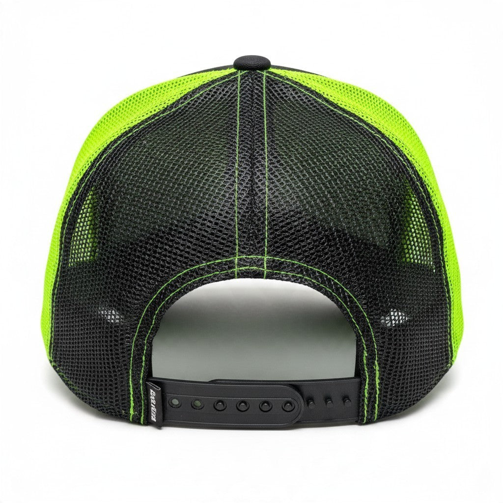 Dirty Merch Apparel trucker hat featuring a neon green mesh back, charcoal panel, and adjustable black snapback closure.