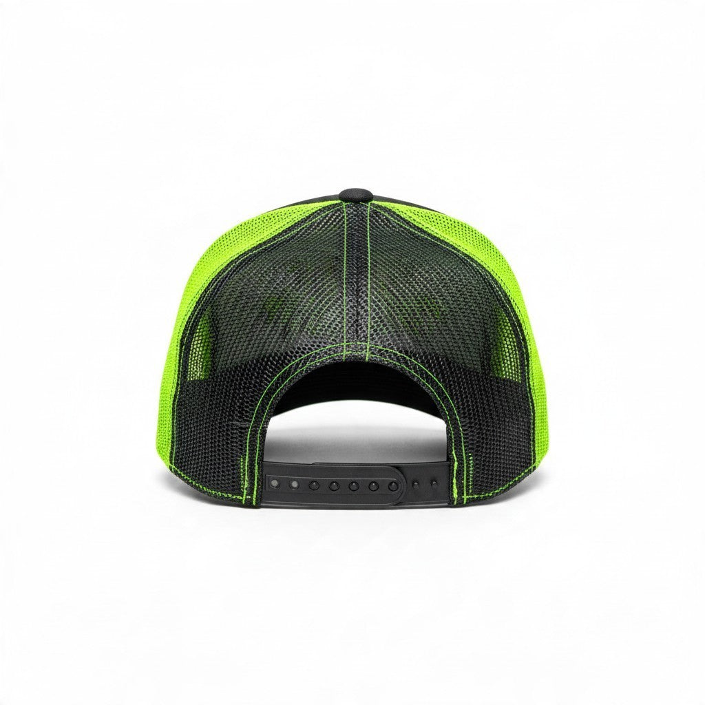 Dirty Merch Apparel trucker hat back view with neon green mesh panels and adjustable black snapback closure