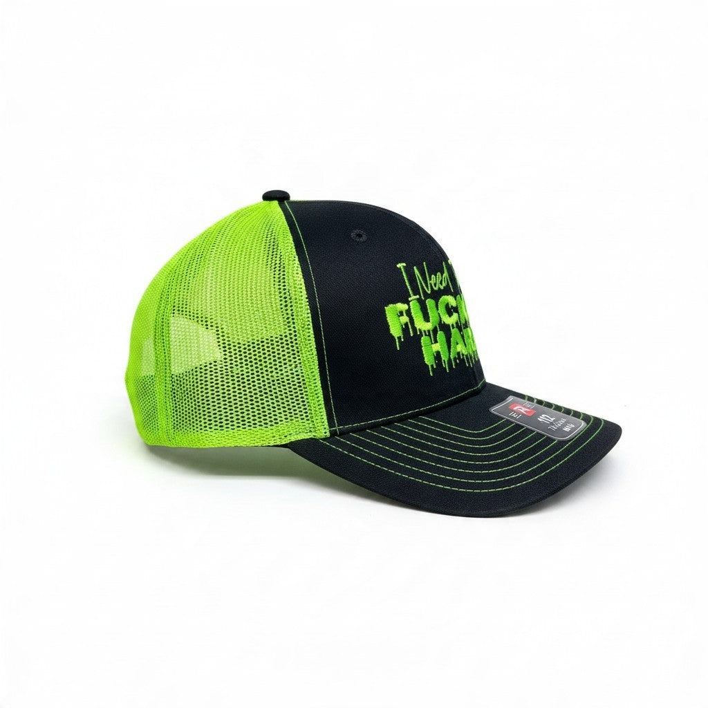 Dirty Merch Apparel charcoal and neon green trucker hat with graphic embroidery and breathable mesh back panel