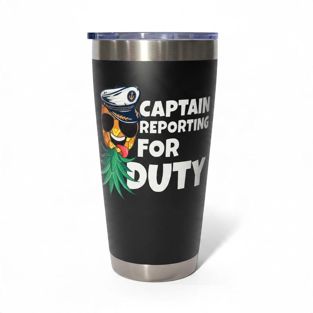 Dirty Merch Apparel black tumbler featuring an upside-down pineapple wearing a captain hat and sunglasses with text.