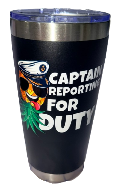 Dirty Merch Apparel black stainless steel tumbler featuring a pineapple captain graphic and Captain Reporting for Duty text