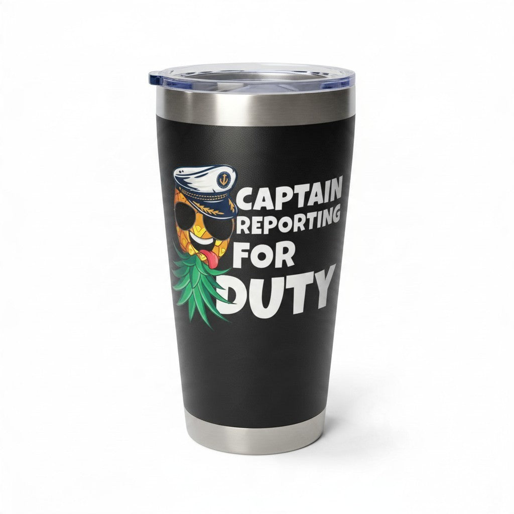 Dirty Merch Apparel black tumbler featuring a pineapple wearing a captain hat and sunglasses with Captain Reporting text