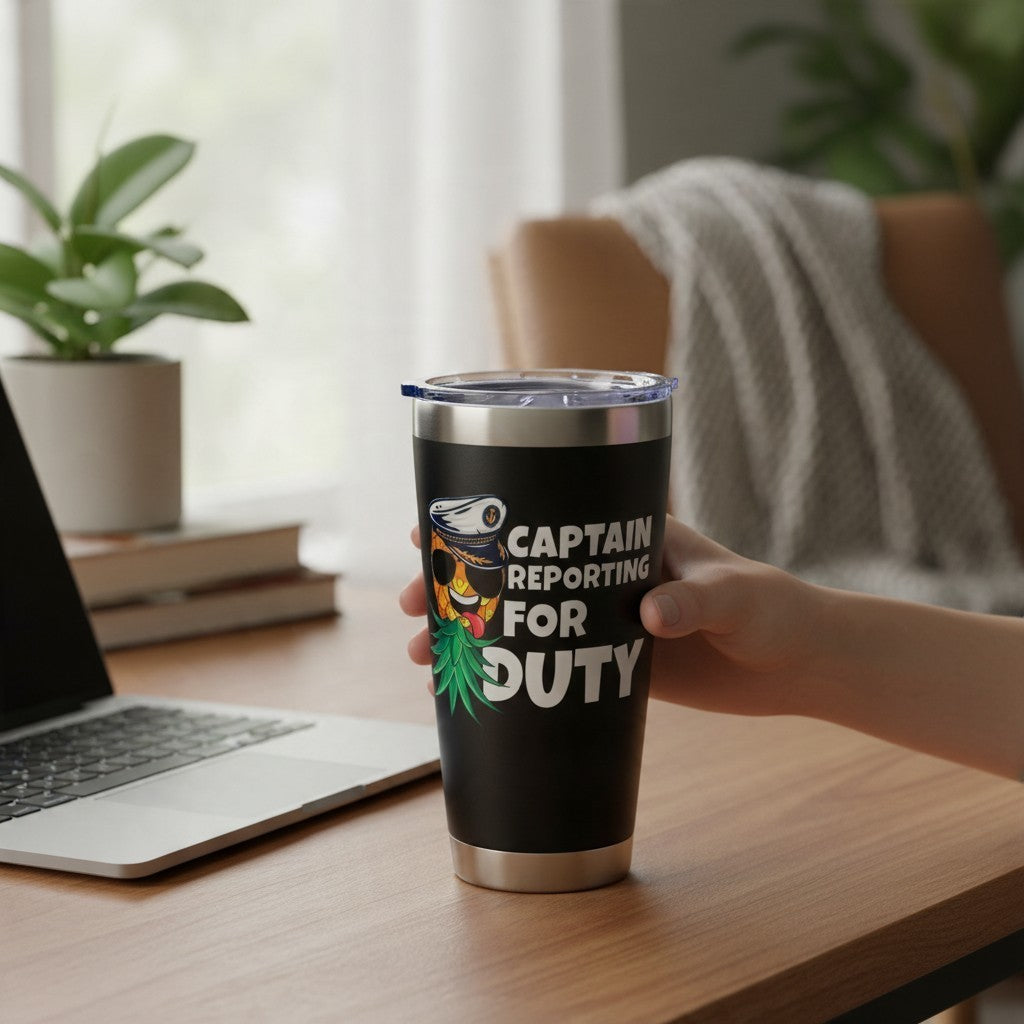 Dirty Merch Apparel black tumbler featuring a pineapple wearing a captain hat and sunglasses with text on a desk.