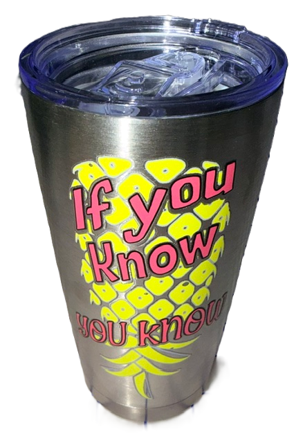 Dirty Merch Apparel metallic tumbler with yellow pineapple graphic and pink If You Know You Know text and sliding lid