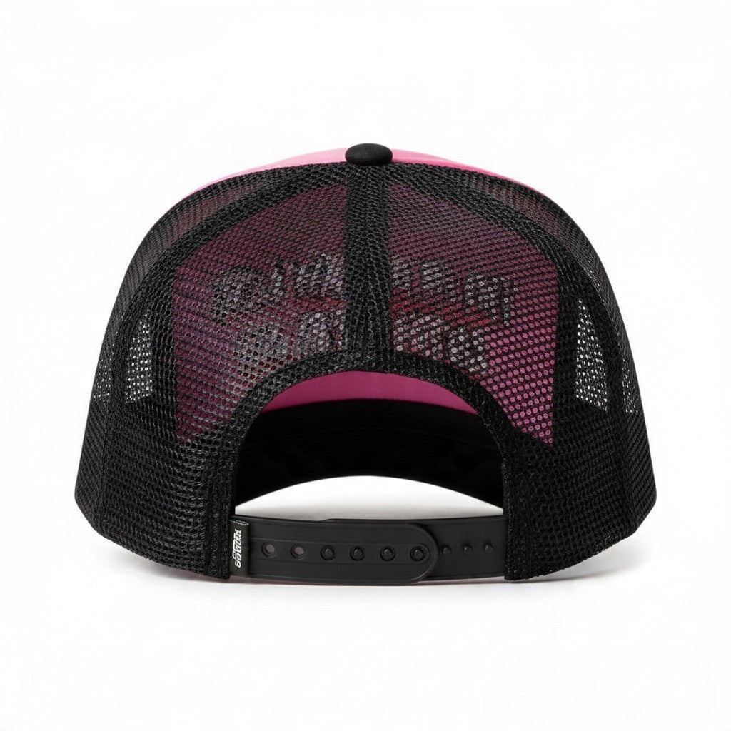 Dirty Merch Apparel pink and black Richardson 112 trucker hat with embroidered text, rear view with snapback closure