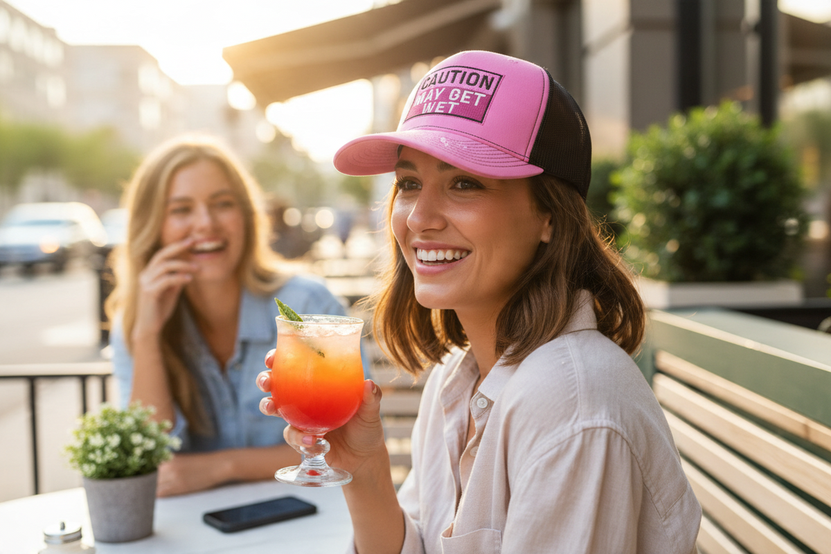 Dirty Merch Apparel pink and black foam trucker hat with embroidered Caution May Get Wet text worn by a smiling woman