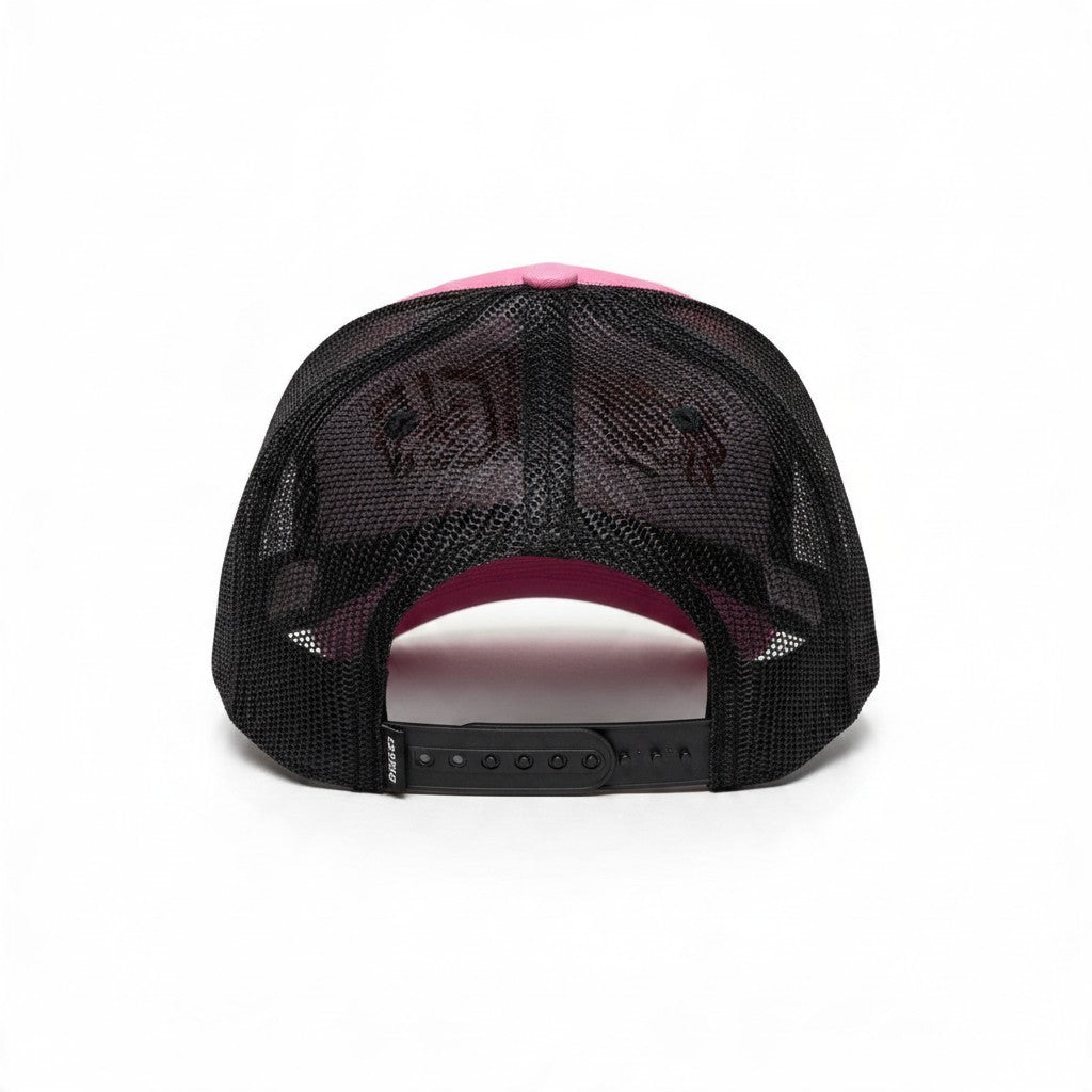 Dirty Merch Apparel pink and black trucker hat with breathable mesh back and adjustable snapback closure