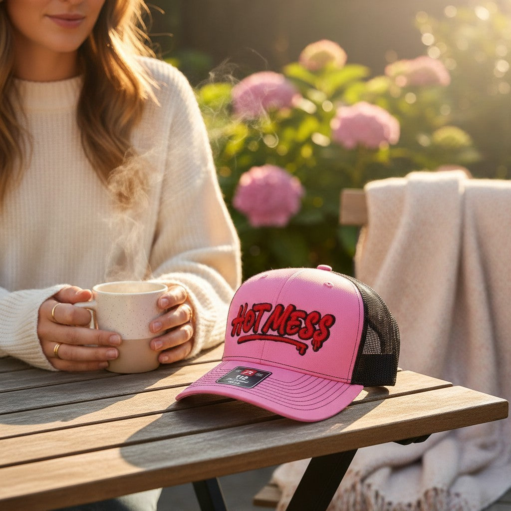 Dirty Merch Apparel pink trucker hat with red Hot Mess graffiti embroidery sitting on a wooden table outdoors