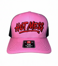 Dirty Merch Apparel pink and black trucker hat with red graffiti-style HOT MESS embroidery and snapback closure